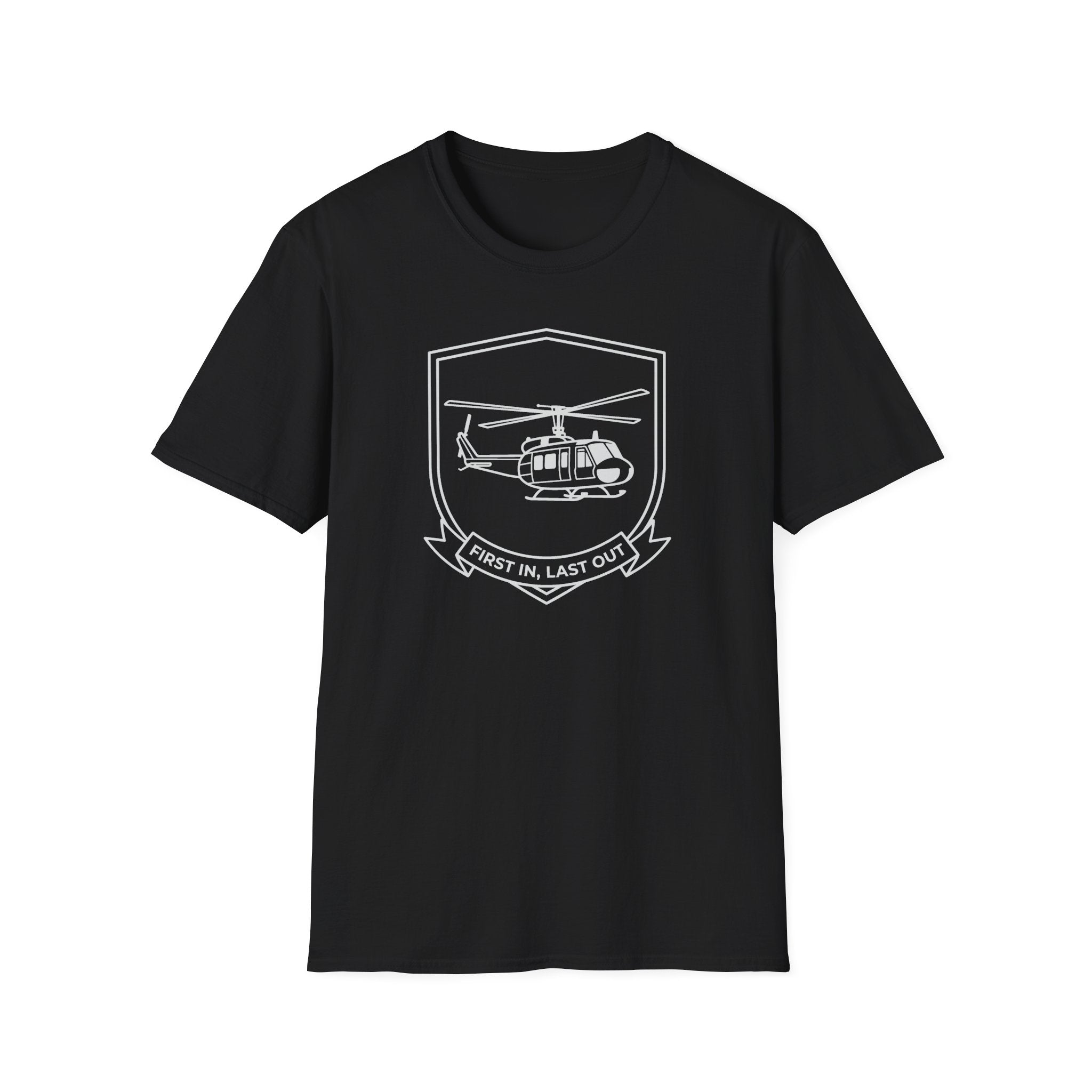 Black T-shirt with white helicopter badge graphic and ribbon text “First In, Last Out”.