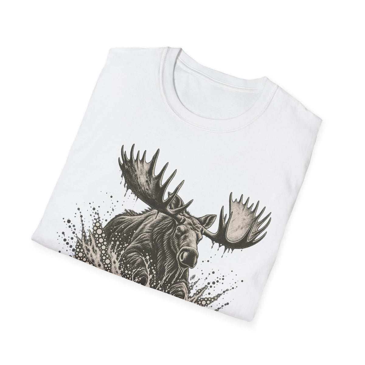 White crew-neck T-shirt with black moose head and antler graphic