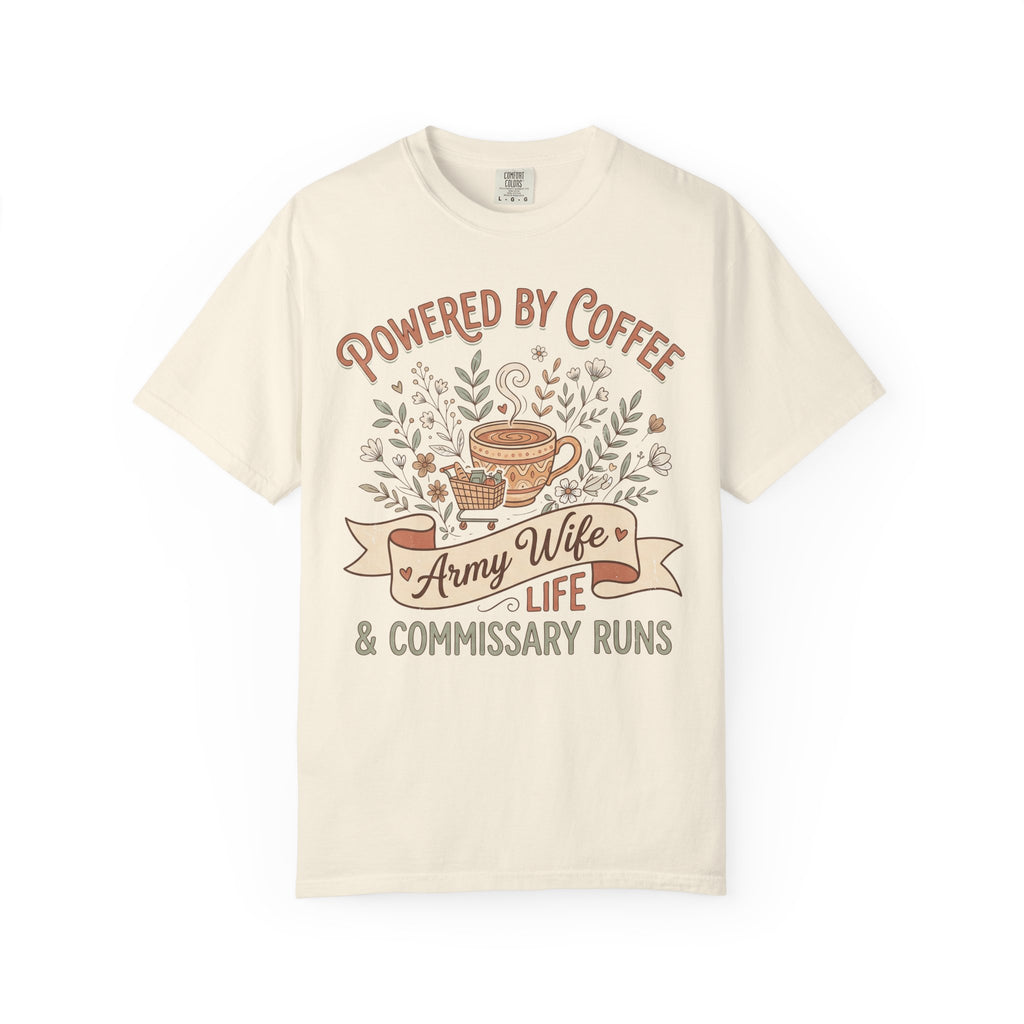 Ivory crewneck T-shirt with 'Powered by Coffee' coffee graphic and 'Army Wife Life' text