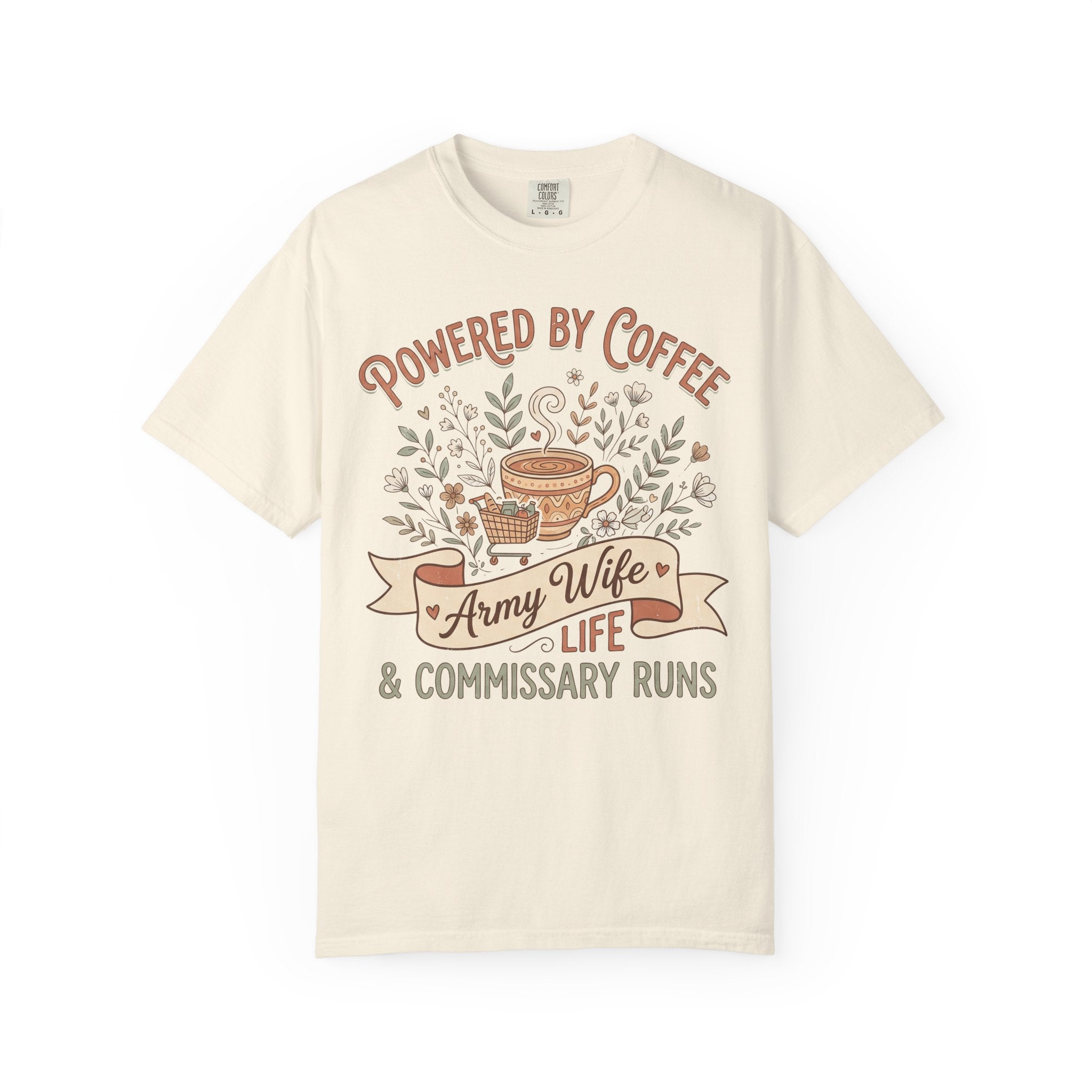 Ivory crewneck T-shirt with 'Powered by Coffee' coffee graphic and 'Army Wife Life' text