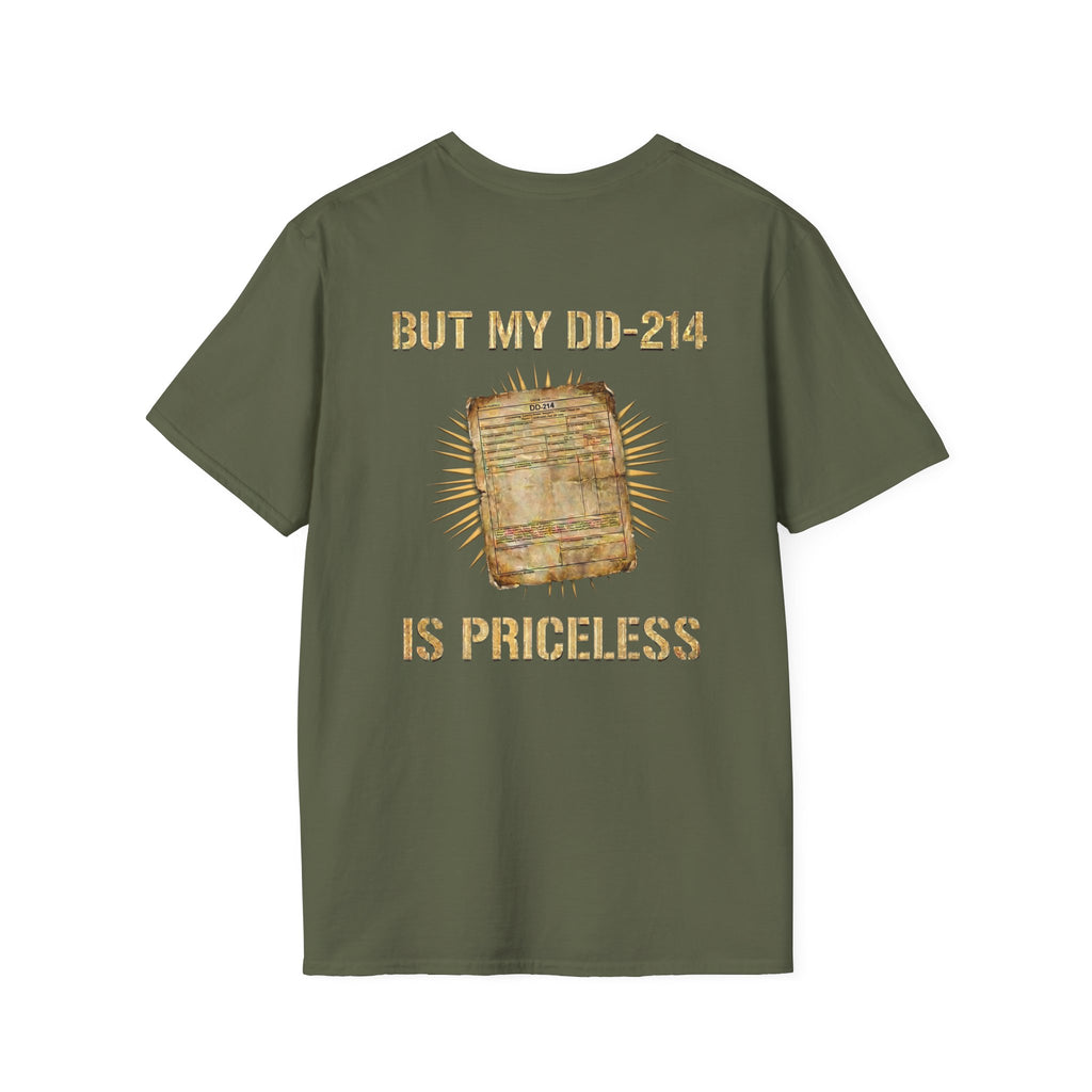 Military green DD-214 veteran tribute T-shirt with “But my DD-214 is priceless”