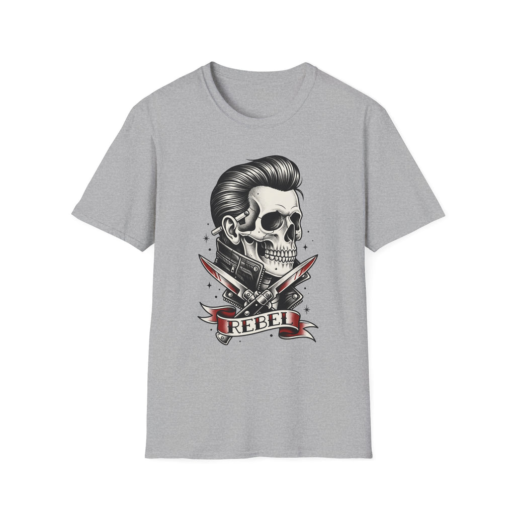 Rockabilly Rebel skeleton T-shirt, sport grey; skull with pompadour and crossed razors