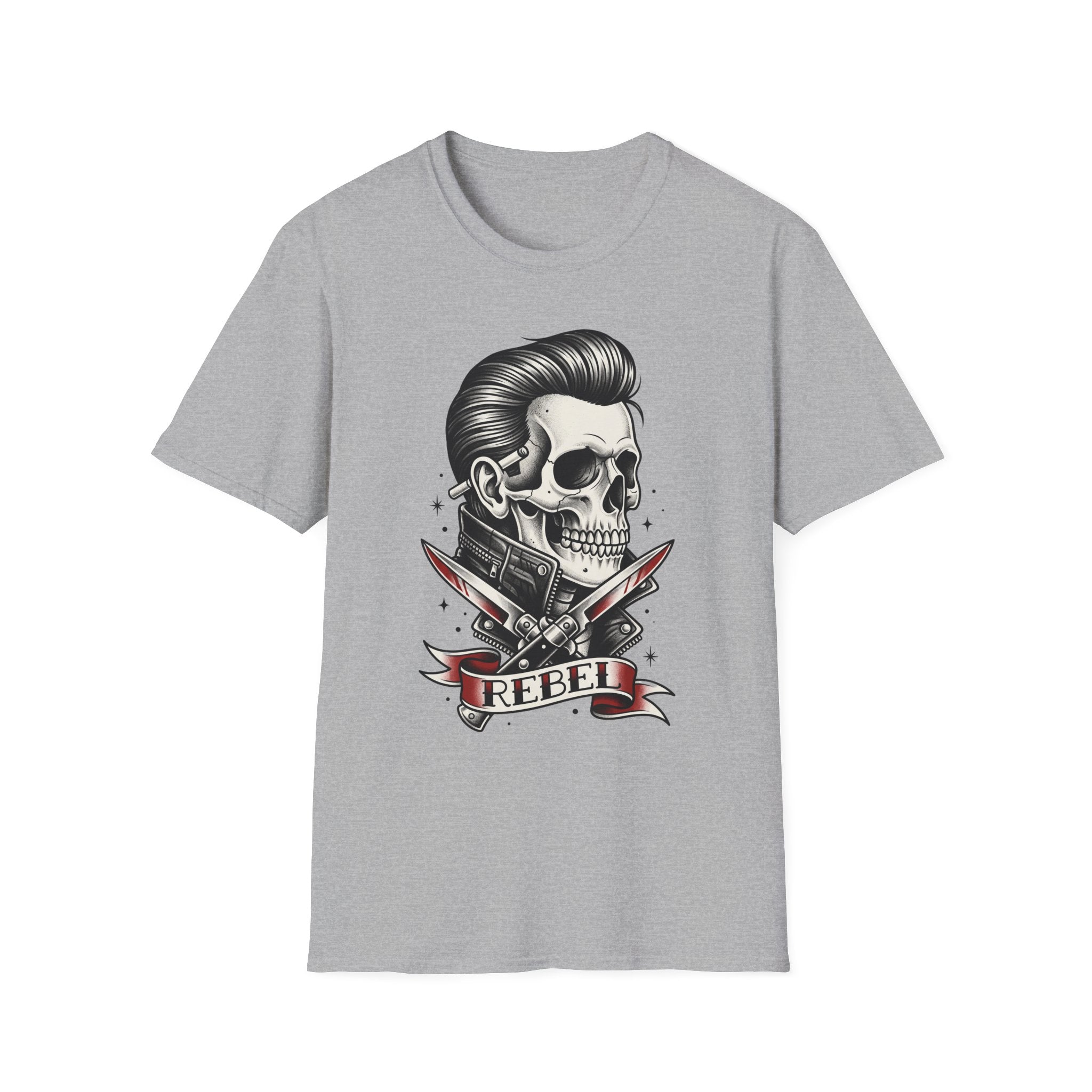 Rockabilly Rebel skeleton T-shirt, sport grey; skull with pompadour and crossed razors