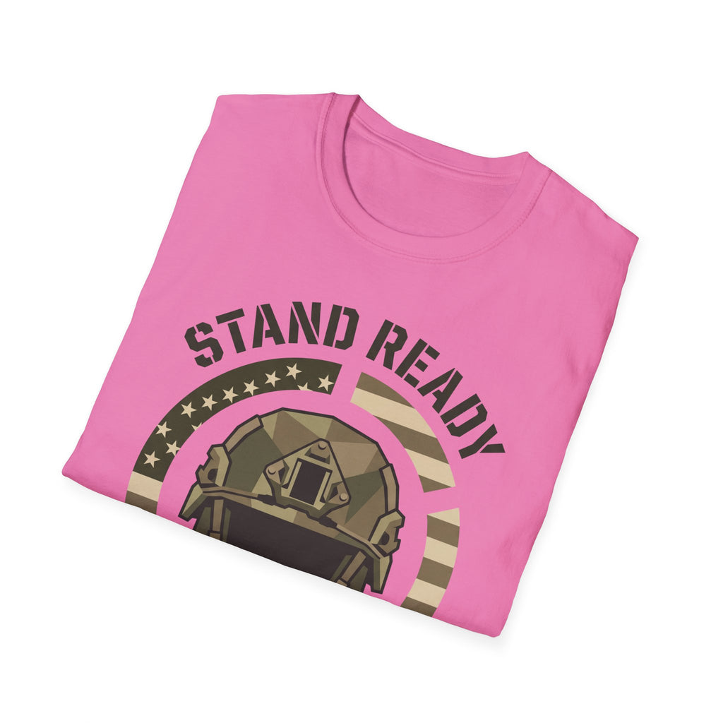 Pink t-shirt with circular military helmet graphic and “STAND READY” slogan