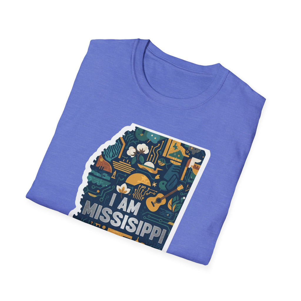 Mississippi I Am T-shirt, heather blue; state map icons and “I AM MISSISSIPPI”