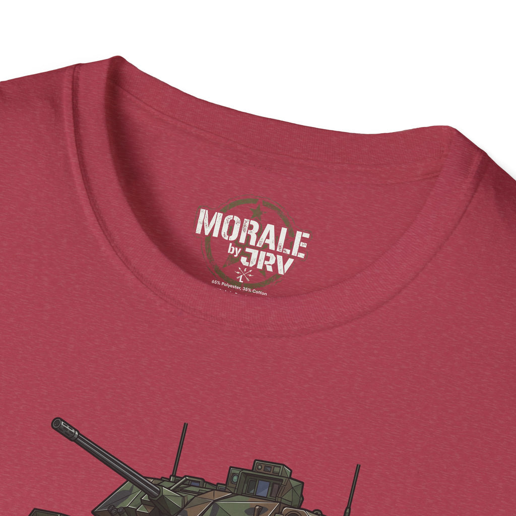 Bradley fighting vehicle camo tank T-shirt, maroon, Morale by TRV logo and turret