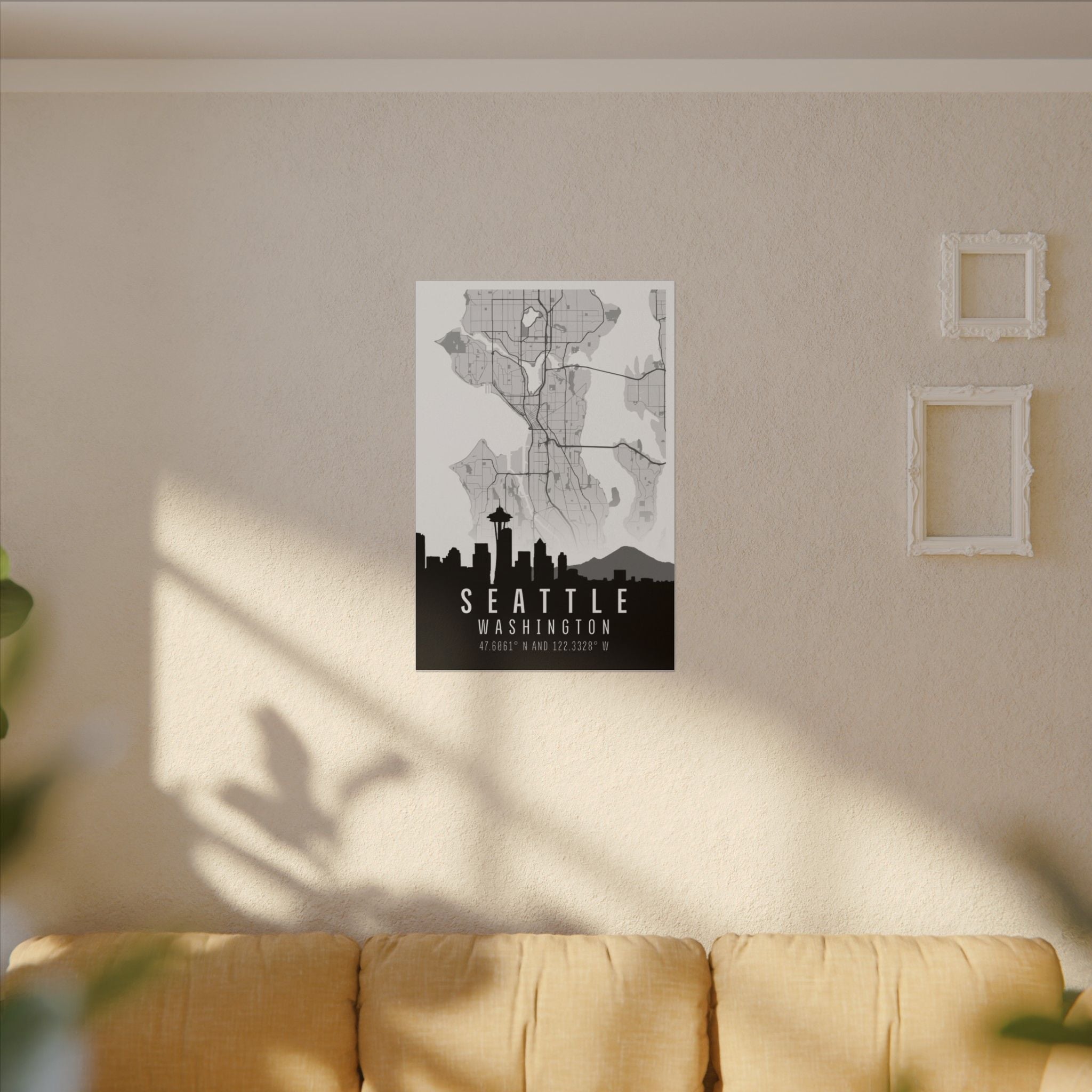 Seattle skyline map matte canvas, “SEATTLE WASHINGTON” lettering with city skyline graphic.