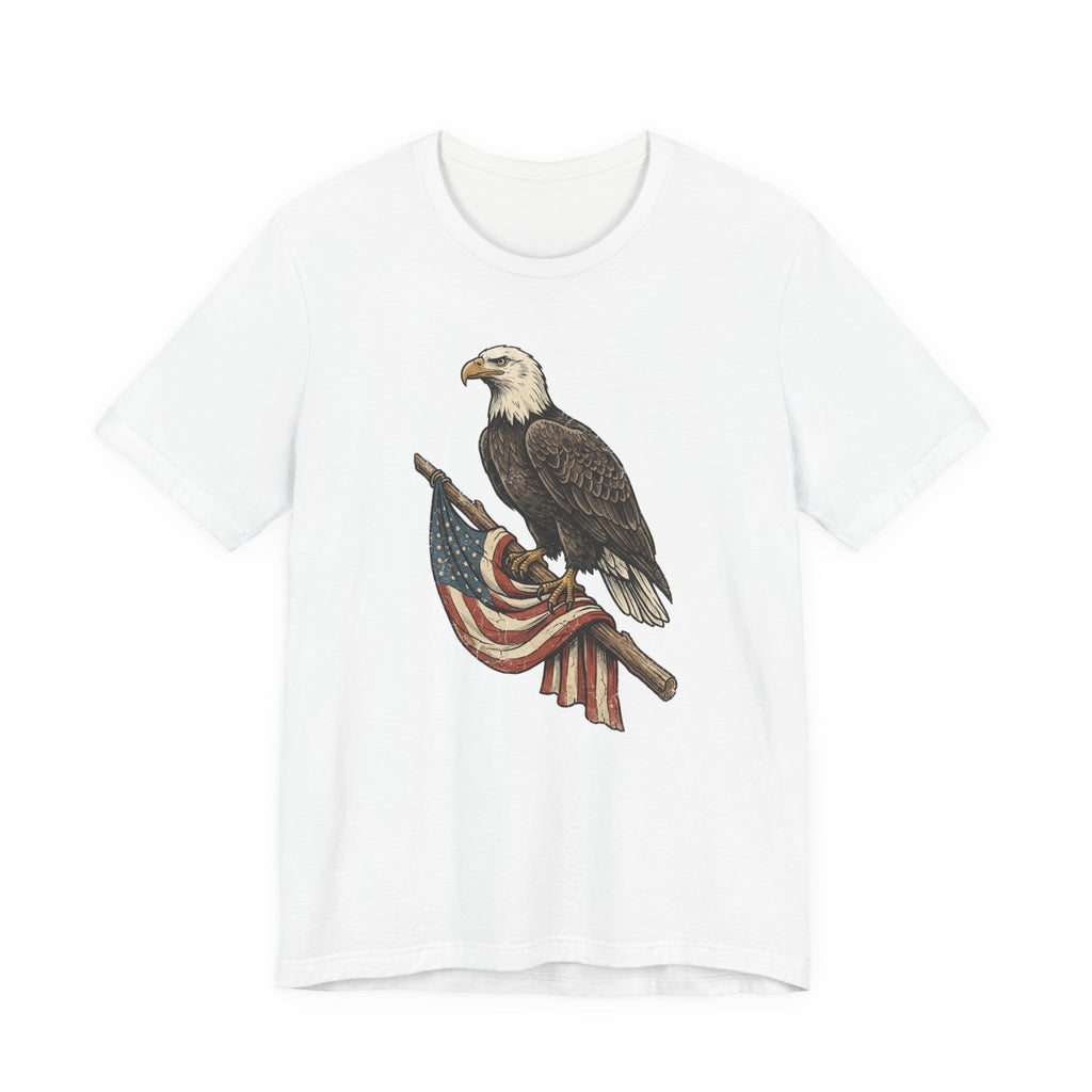 White crewneck t-shirt with vintage bald eagle graphic holding American flag