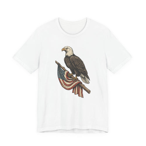 White crewneck t-shirt with vintage bald eagle graphic holding American flag