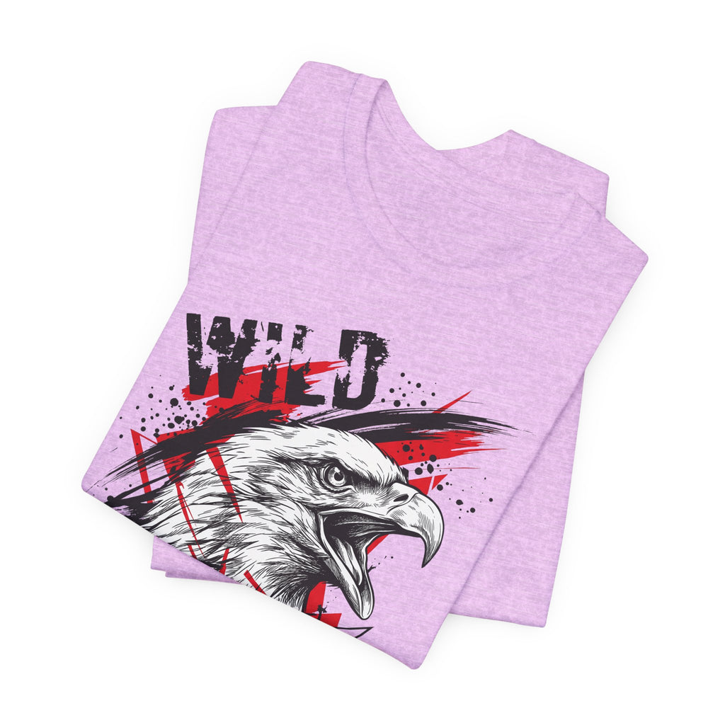 Mauve crew-neck t-shirt with a white eagle head and red splatter graphic.