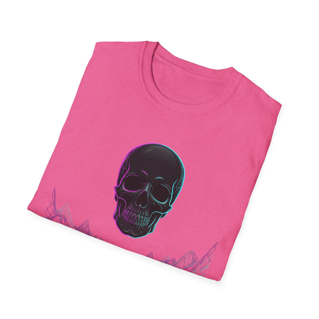 Hot pink T-shirt, neon skull graphic on front with glitchy skyline lines