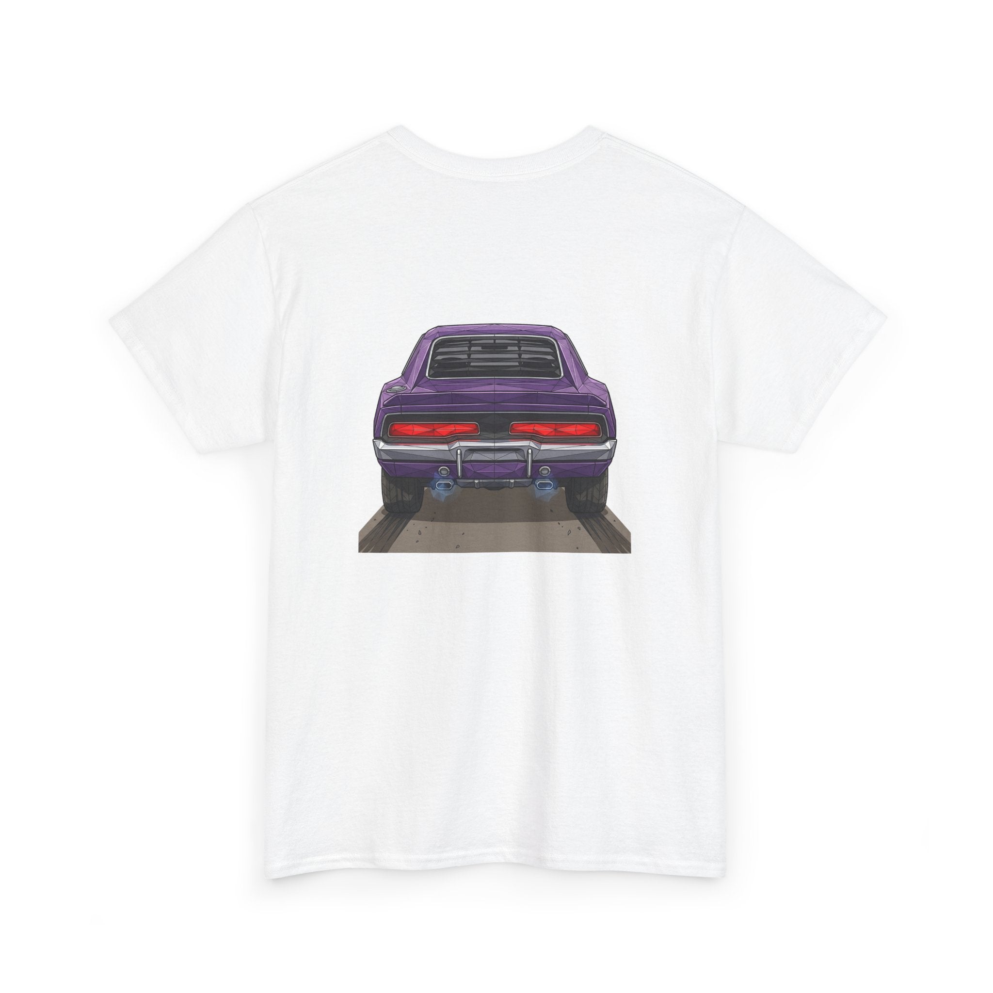 White T-shirt with purple retro muscle car chest graphic, rear view