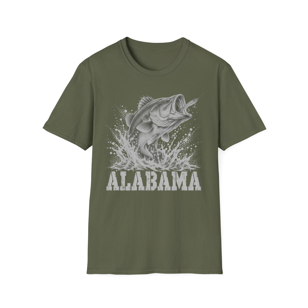 Military green fishing t-shirt with largemouth bass splash and 'ALABAMA' graphic