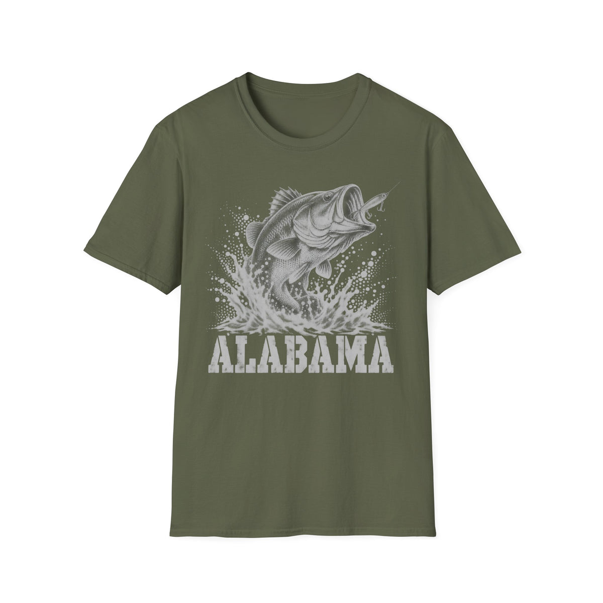 Military green fishing t-shirt with largemouth bass splash and 'ALABAMA' graphic