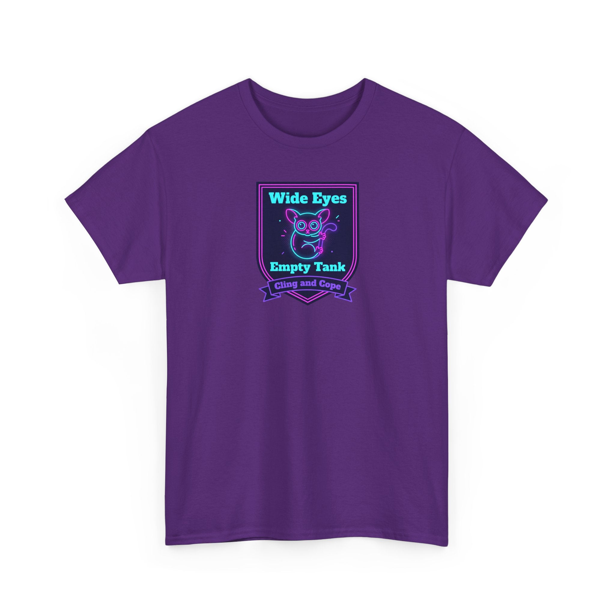Purple crewneck T-shirt with neon rectangular chest graphic and text