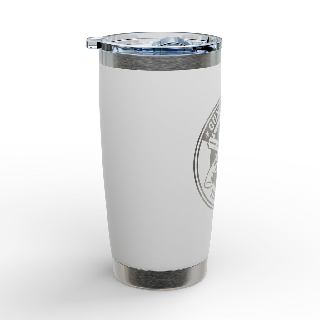 White 20oz stainless insulated travel tumbler with engraved side graphic