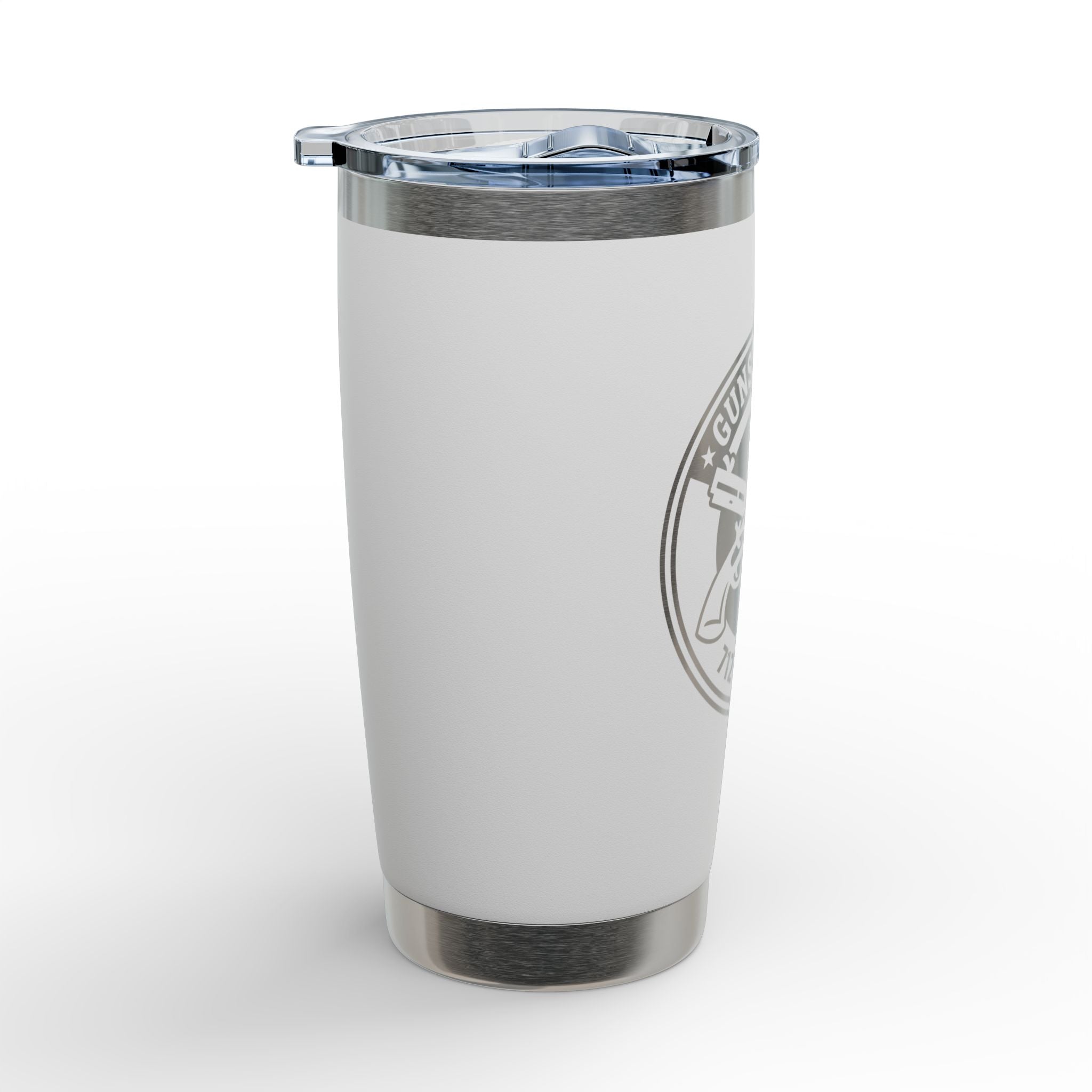 White 20oz stainless insulated travel tumbler with engraved side graphic