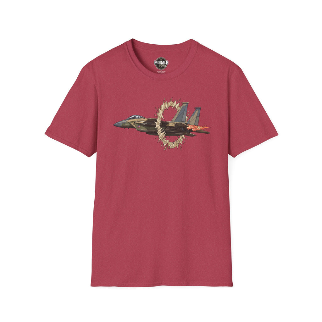 Burgundy t-shirt with fighter jet graphic and ring of fire burst print