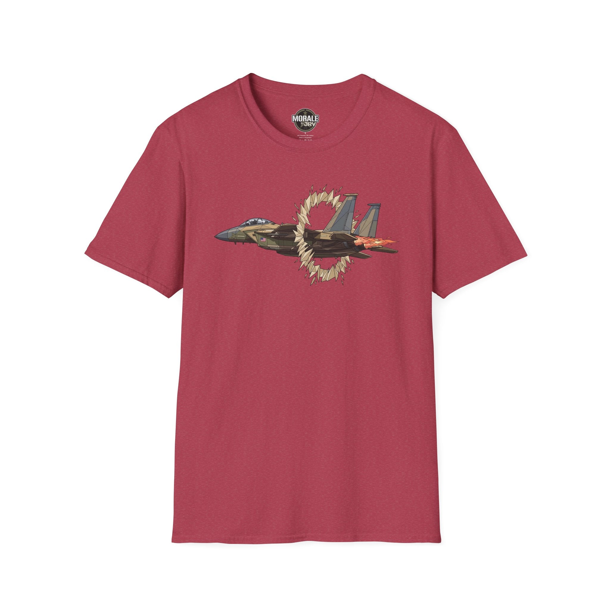 Burgundy t-shirt with fighter jet graphic and ring of fire burst print