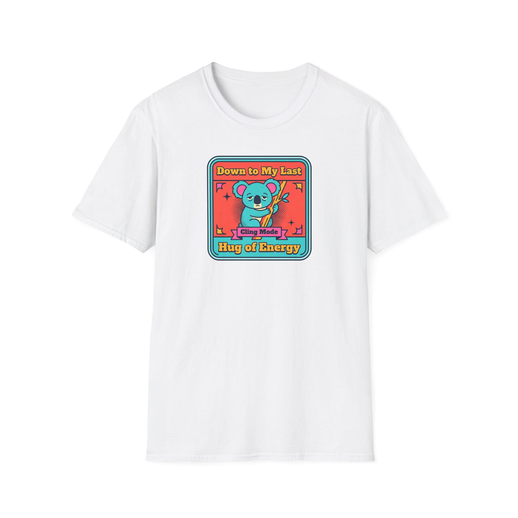 White short-sleeve T-shirt with teal koala graphic and colorful slogan print