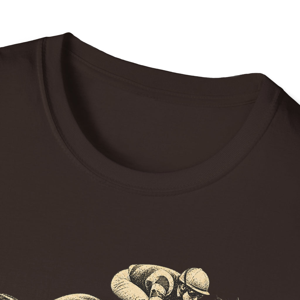 Dark brown t-shirt close-up: crew neck with partial gold jockey graphic