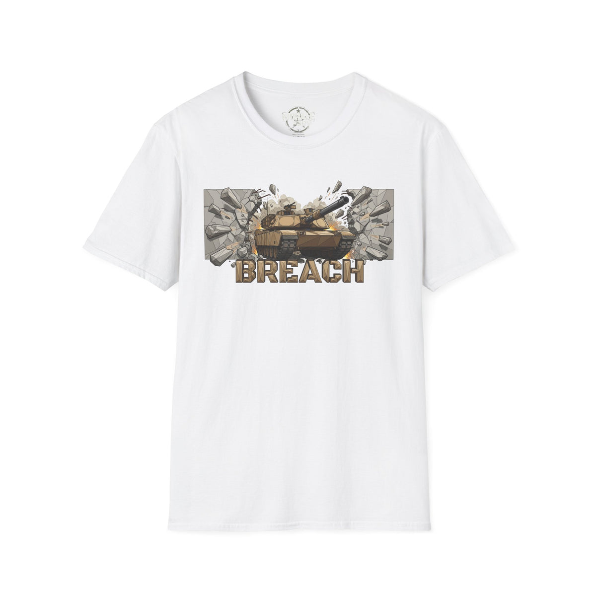 White tactical helmet graphic T-shirt with 'BREACH' front print