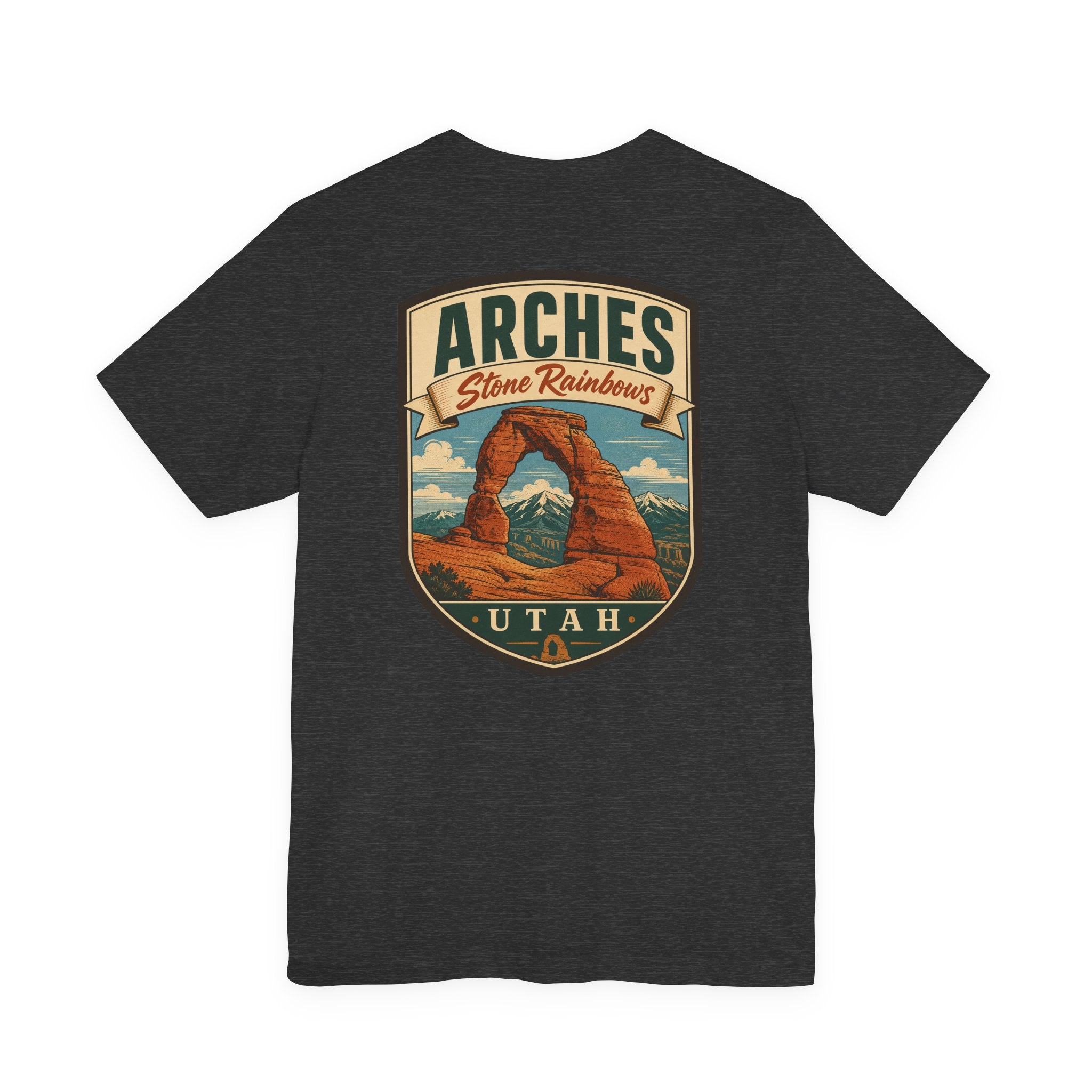 Black heather T-shirt with large Arches Utah graphic showing red stone arch and sky