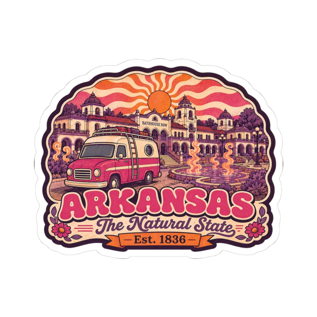 Kiss-cut Arkansas travel sticker with pink van, sunset sky, and “The Natural State” text