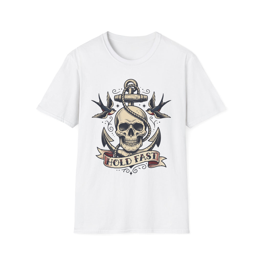 White T-shirt with skull anchor tattoo design and “HOLD FAST” banner