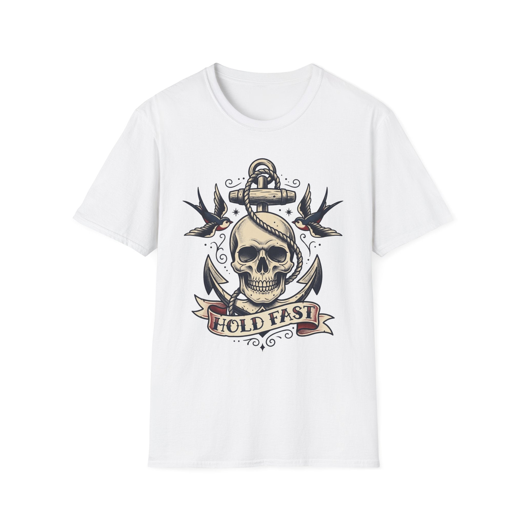 White T-shirt with skull anchor tattoo design and “HOLD FAST” banner