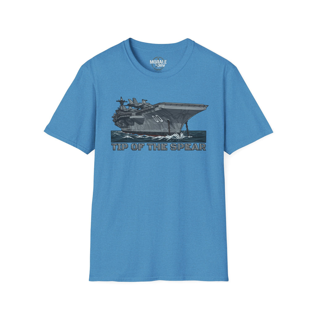Blue T-shirt with 'TIP OF THE SPEAR' aircraft carrier front graphic