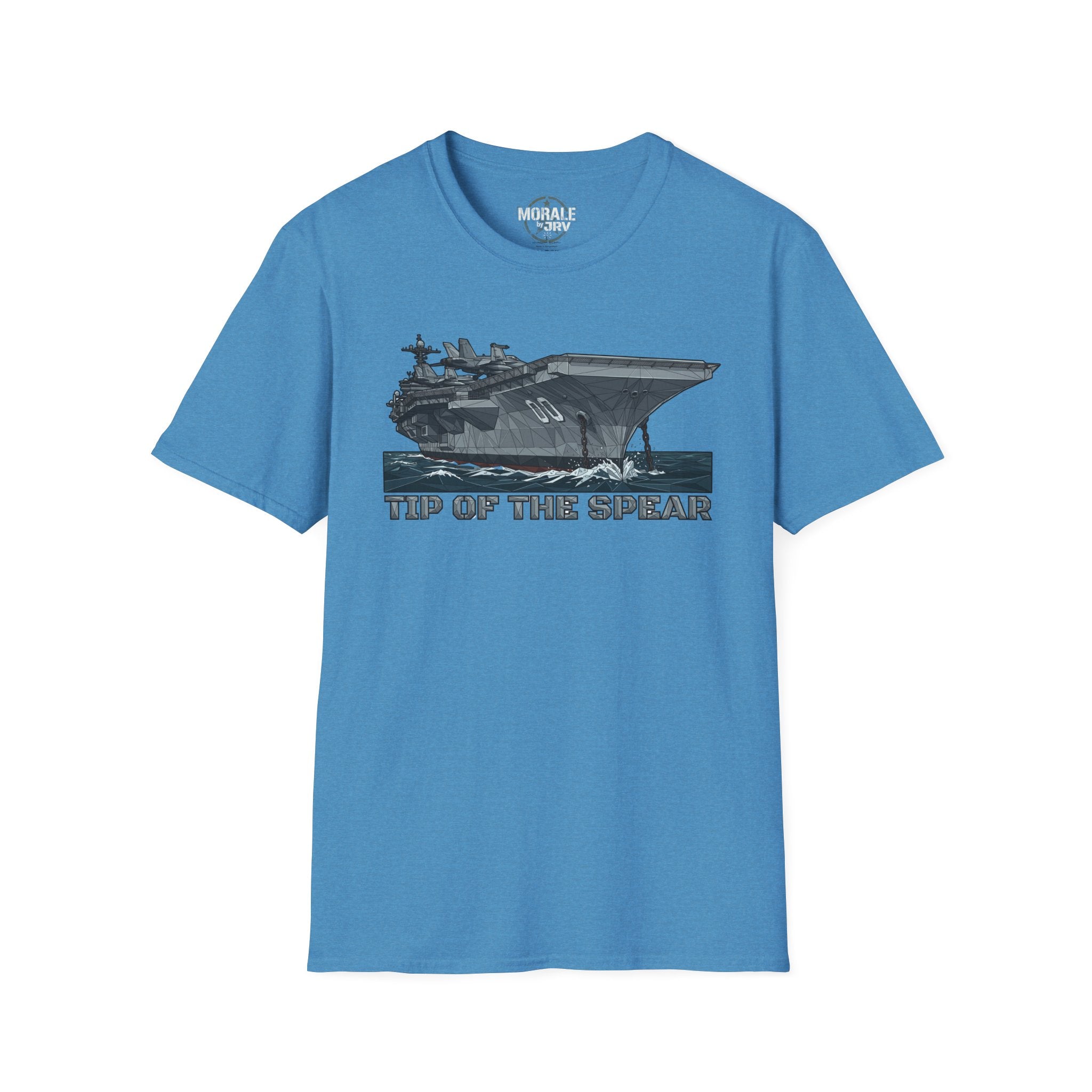 Blue T-shirt with 'TIP OF THE SPEAR' aircraft carrier front graphic
