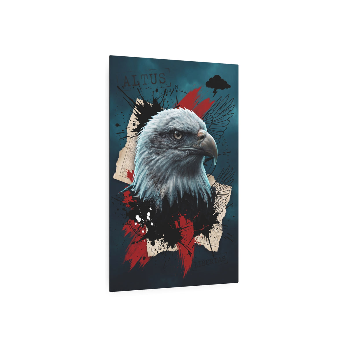 Bald eagle poster with gray-white feathers, teal background, and red-black paint splashes