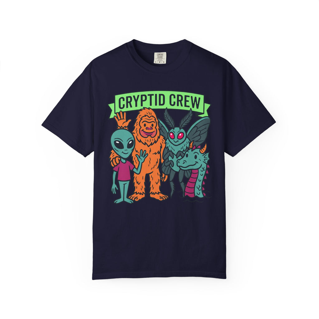 Navy Cryptid Crew T-shirt with green banner graphic and three alien monsters