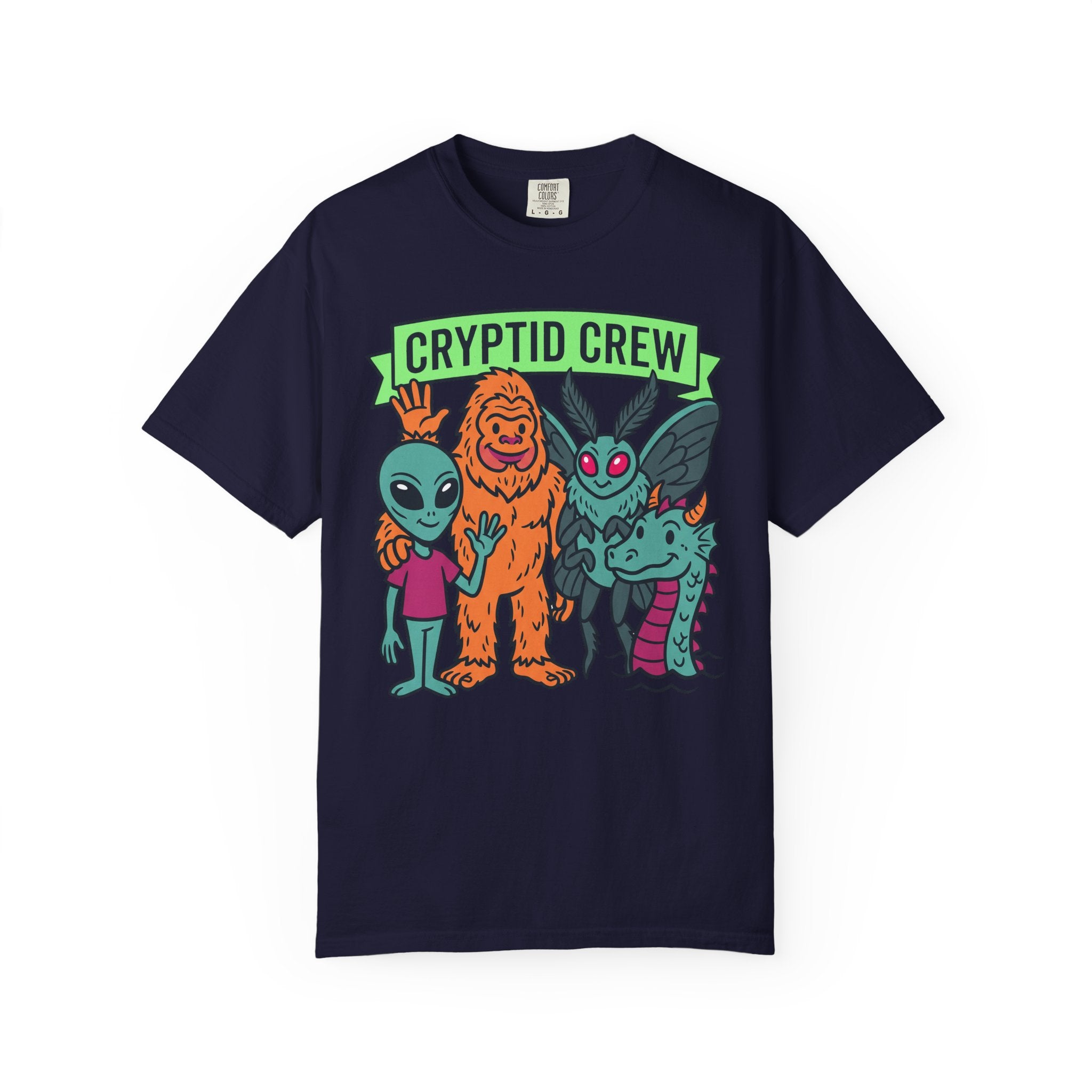 Navy Cryptid Crew T-shirt with green banner graphic and three alien monsters