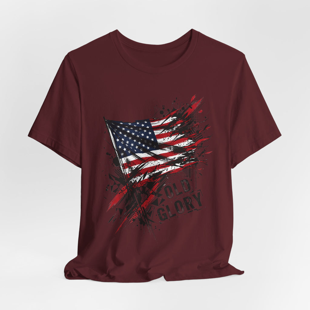 Maroon T-shirt with distressed American flag and “Old Glory” text on chest