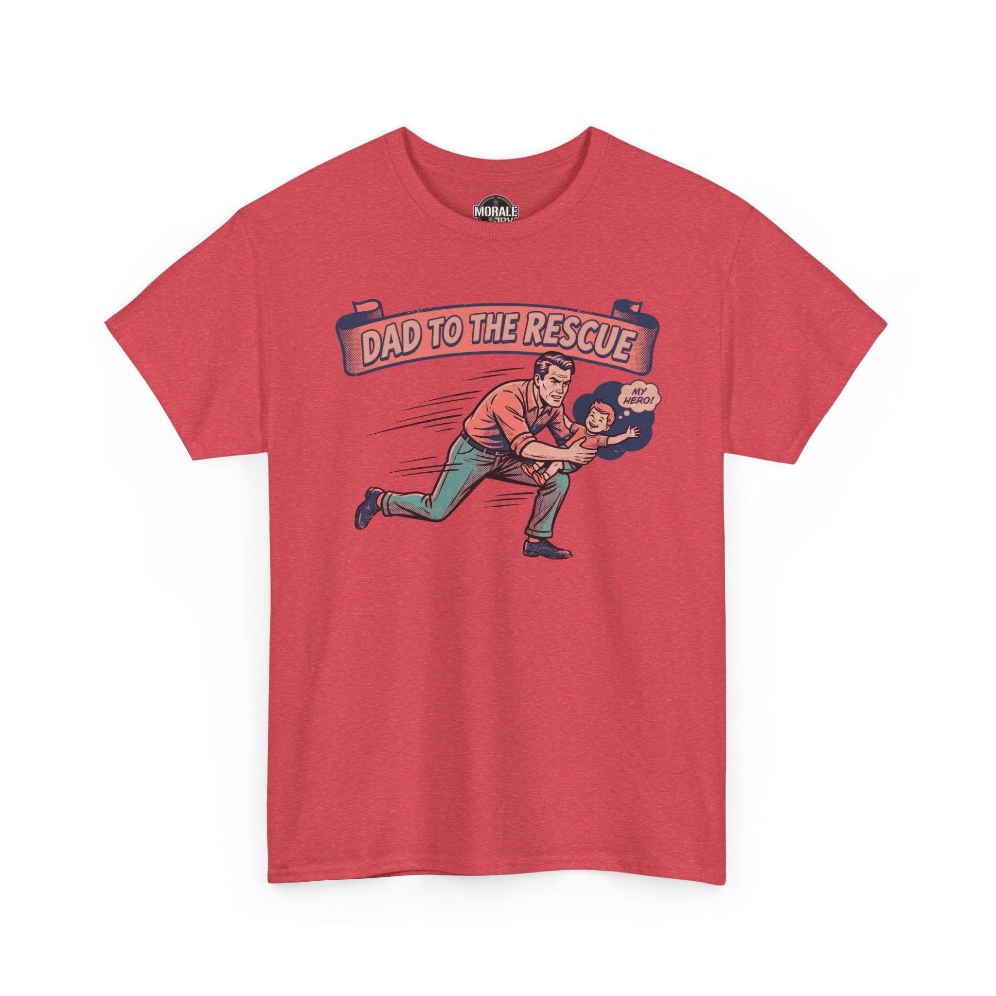 Red T-shirt with 'Dad to the Rescue' retro superhero graphic