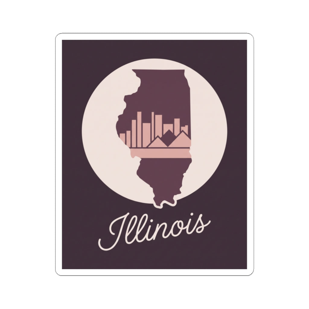 Mauve Illinois outline vinyl sticker with white circle, skyline icon, “Illinois” script