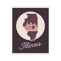 Mauve Illinois outline vinyl sticker with white circle, skyline icon, “Illinois” script