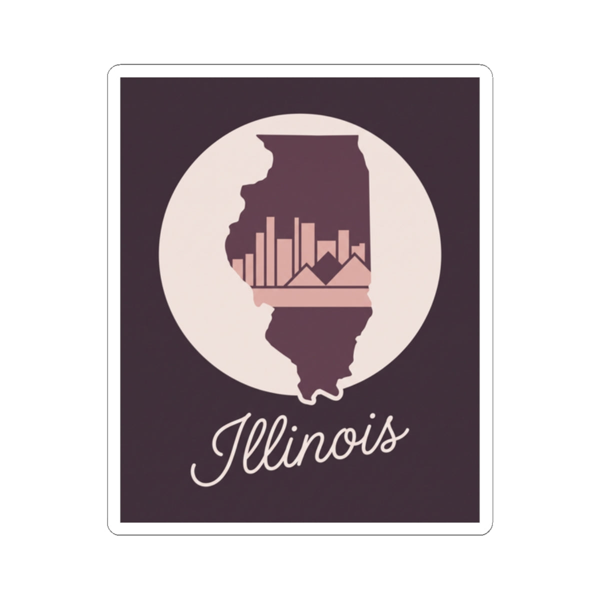 Mauve Illinois outline vinyl sticker with white circle, skyline icon, “Illinois” script