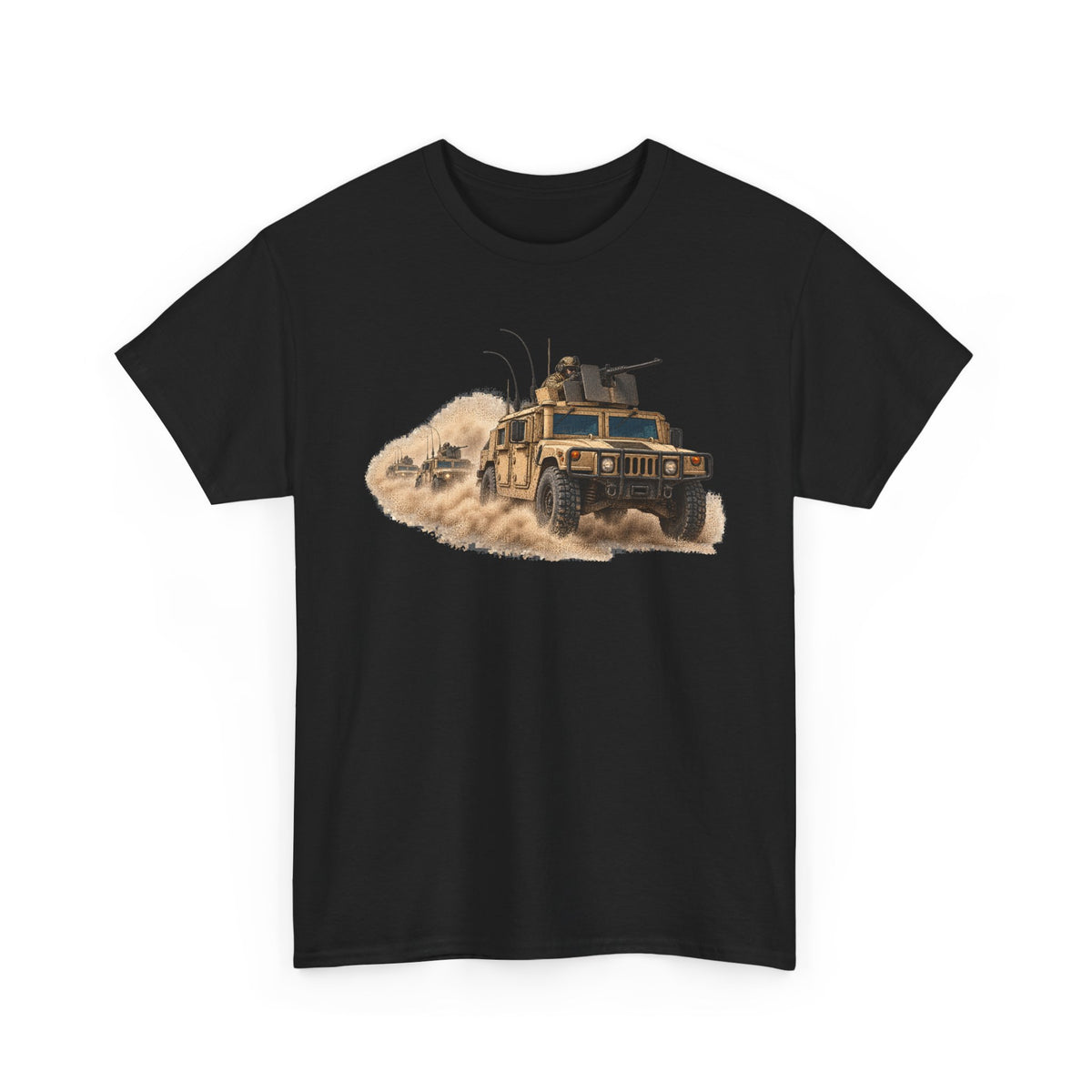 Black crew-neck T-shirt with armored vehicle graphic and tan dust