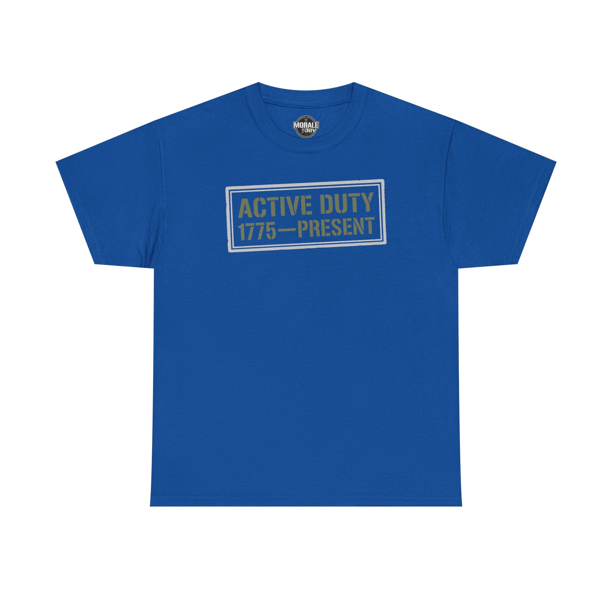 Royal blue crewneck T-shirt with 'ACTIVE DUTY 1775–PRESENT' front graphic