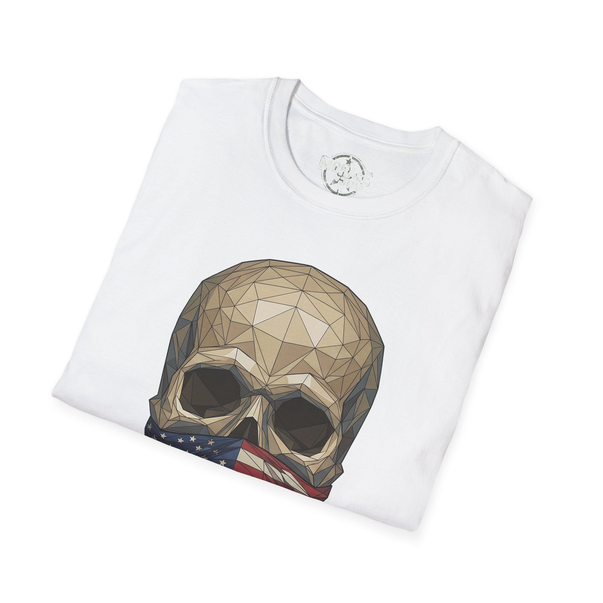 White folded T-shirt featuring geometric skull with American flag bandana print