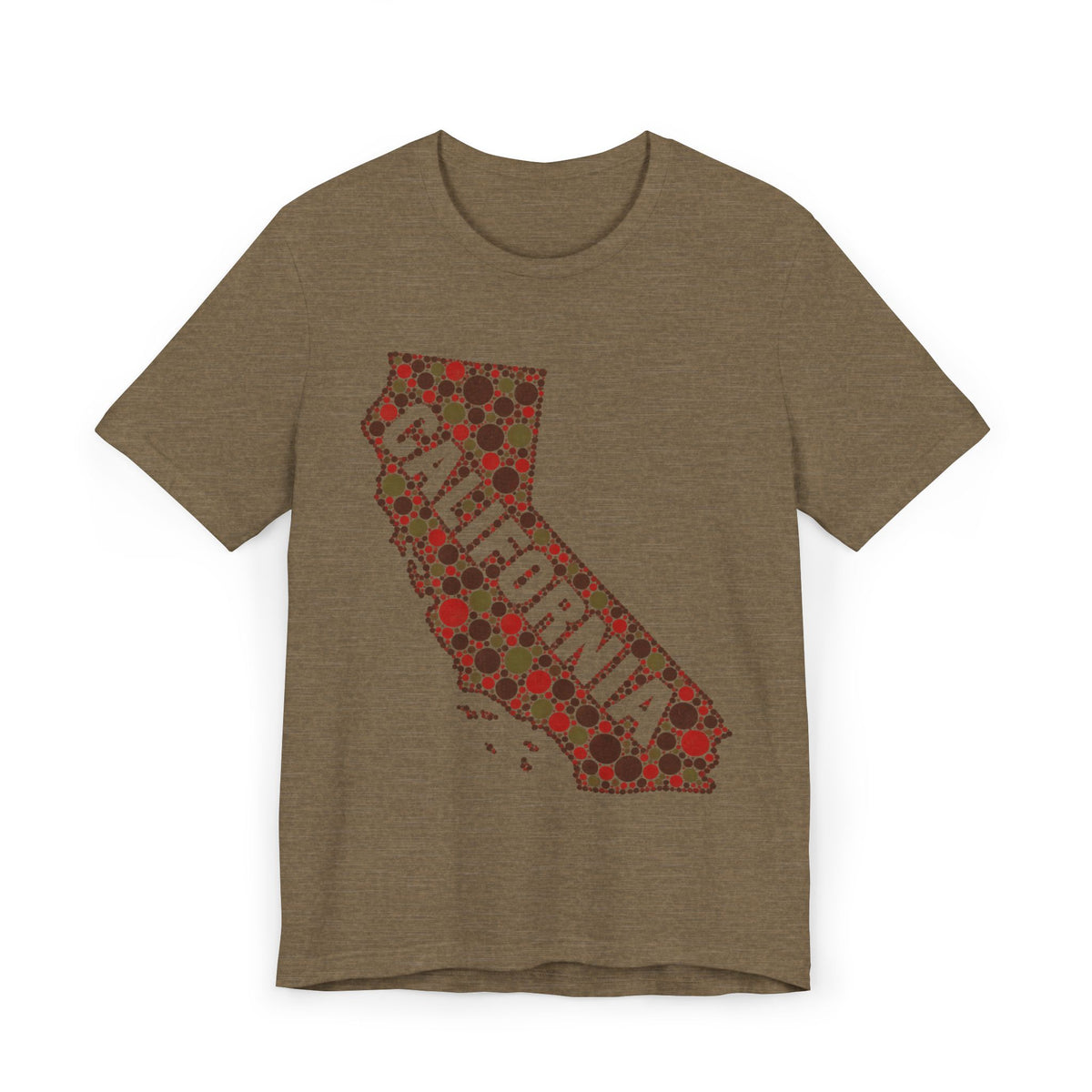Brown T-shirt with California map outline graphic in red and dotted pattern