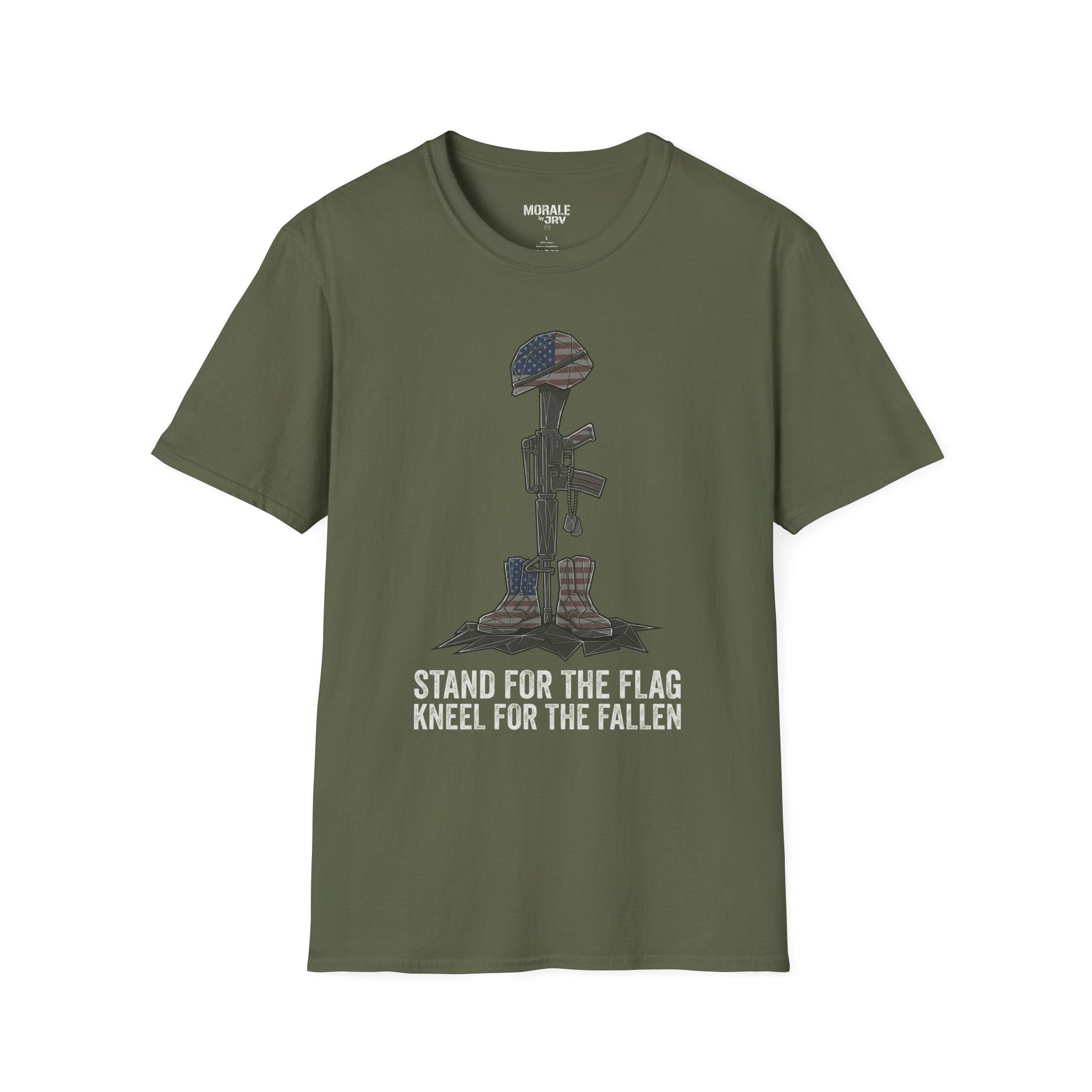 Military Green t-shirt with kneeling soldier flag memorial graphic and slogan