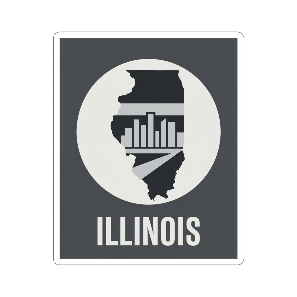 Illinois state silhouette sticker with city skyline bars and bold “ILLINOIS”