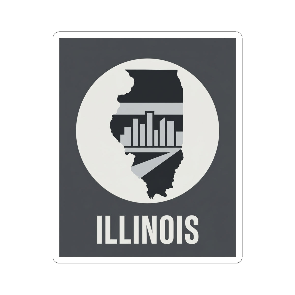 Illinois state silhouette sticker with city skyline bars and bold “ILLINOIS”