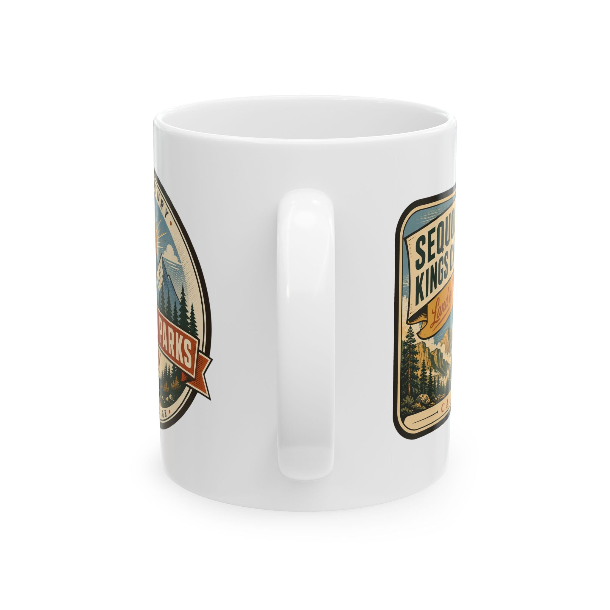 White ceramic mug with two vintage park badge graphics and side handle