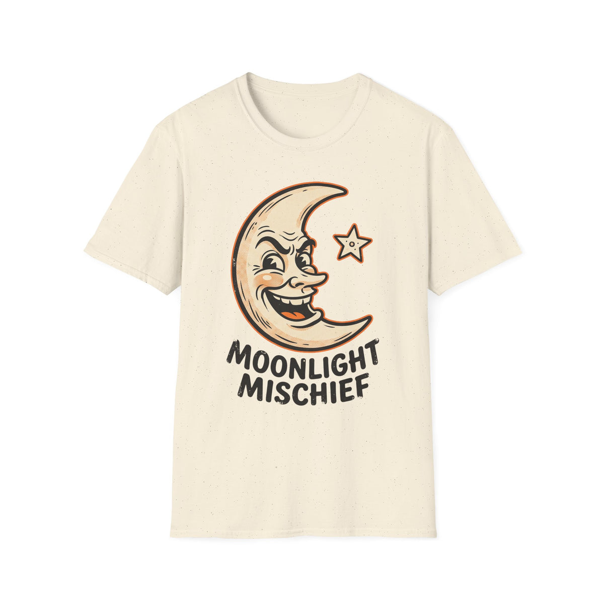 White short-sleeve T-shirt with crescent moon character graphic and “Moonlight Mischief” text