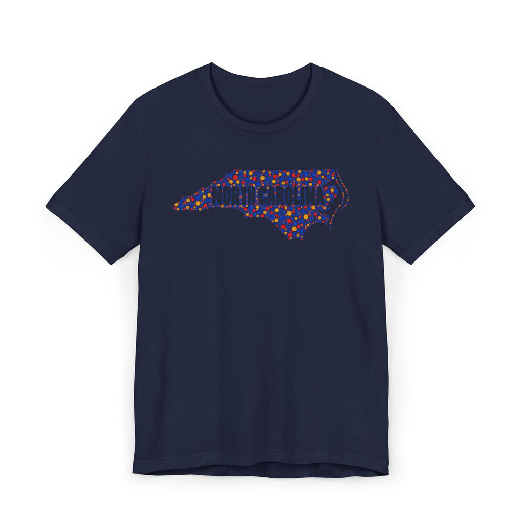 Navy crew-neck T-shirt with colorful North Carolina floral map graphic